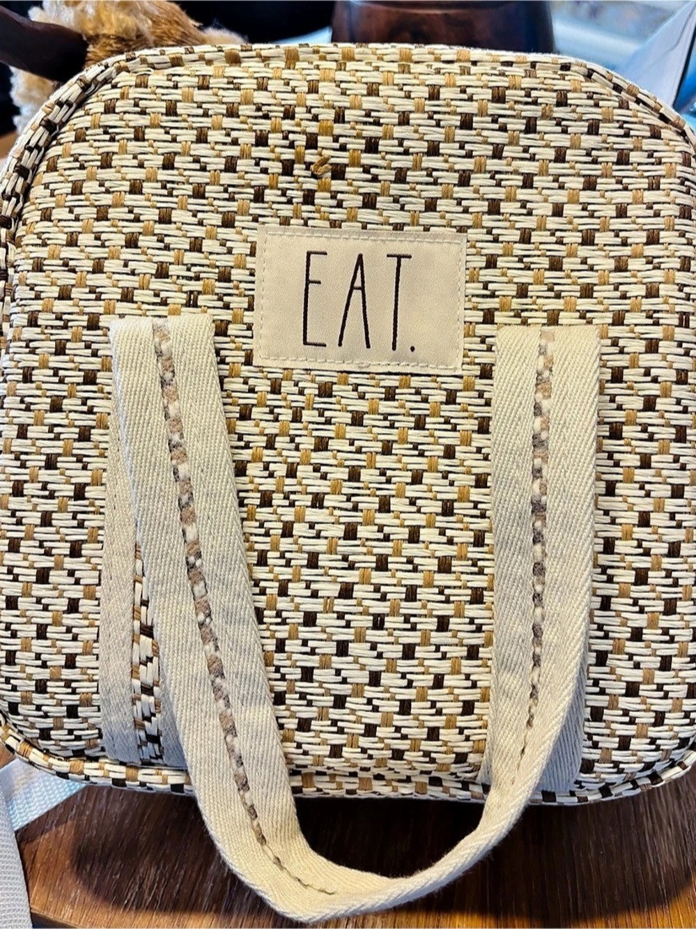 Rae Dunn EAT Woven Lunch Bag  in Brown & White Like New